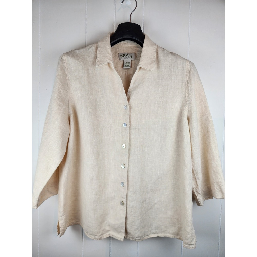 100% Linen Button Down Shirt Orvis Beige Womens 3/4 Sleeve Mother of Pearl L